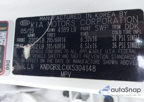 2019 Kia Niro Lx z USA, uszkodzony, nr VIN KNDCB3LCXK5304148